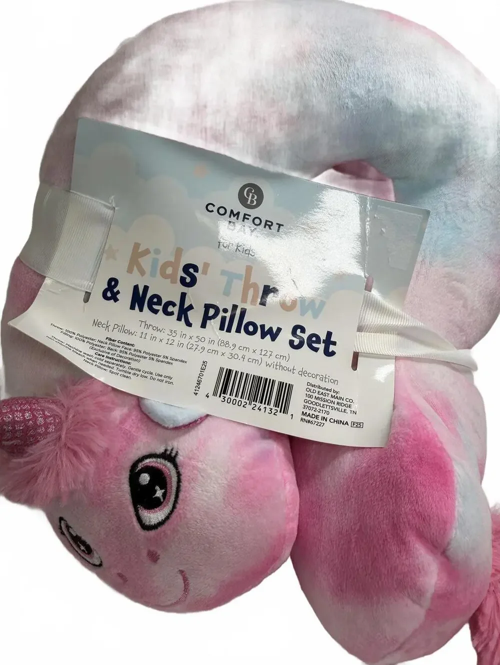 New Kids Unicorn Throw & Neck Pillow Set Pink Plush Travel Blanket Pastel Kawaii
